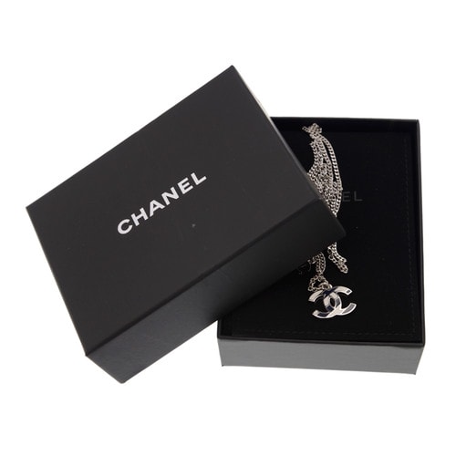 CHANEL/香奈兒 女士機(jī)場系列斜紋雙clogo毛衣鏈長項鏈銀色/藍(lán)色 A95107