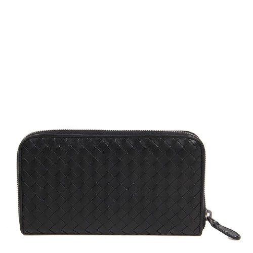 Bottega Veneta/葆蝶家 經典款黑色牛皮男士編織長款拉鏈錢包