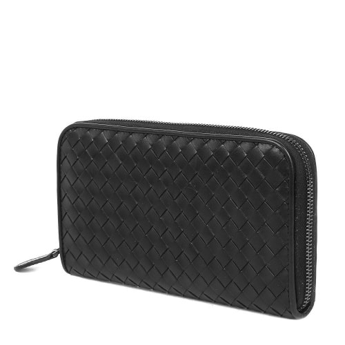 Bottega Veneta/葆蝶家 經典款黑色牛皮男士編織長款拉鏈錢包