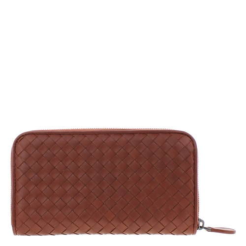 Bottega Veneta/葆蝶家 女士男士通用棕紅色羊皮編織長(zhǎng)款拉鏈錢包