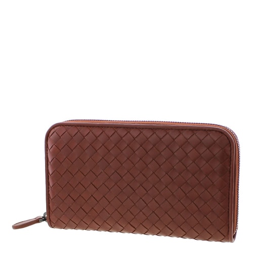 Bottega Veneta/葆蝶家 女士男士通用棕紅色羊皮編織長(zhǎng)款拉鏈錢包